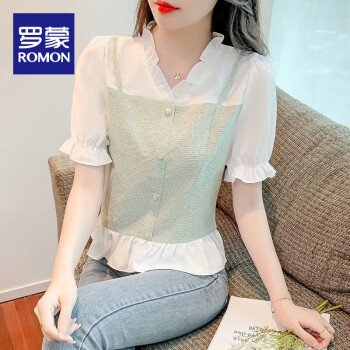 罗蒙（ROMON）短袖衬衫女夏季2023年新款设计感小众甜美法式V领假两件短款上衣绿色格XL_[建议111-120	